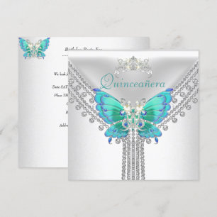 Quinceañera Teal Blue White Butterfly Diamond 2 Invitation