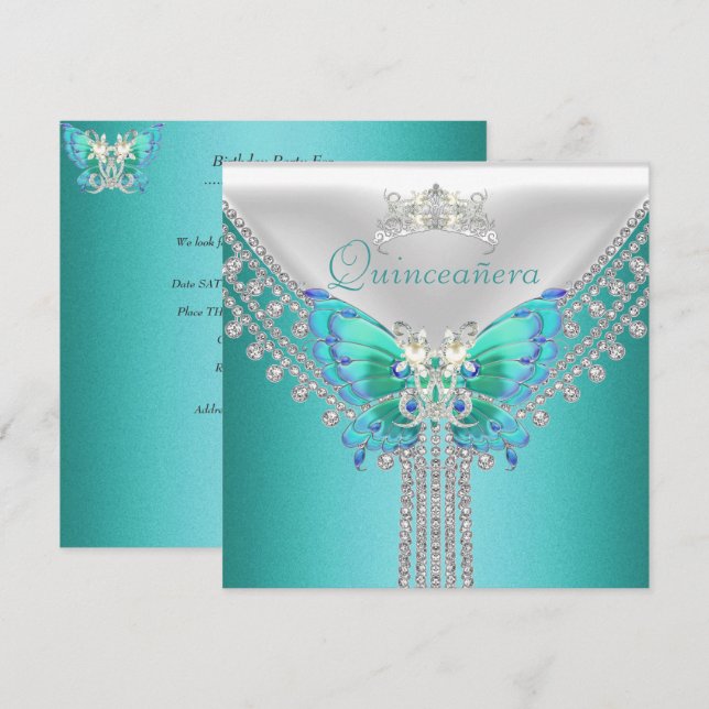 Quinceañera Teal Blue White Butterfly Diamond Invitation (Front/Back)