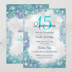 Quinceanera Teal Blue White Ocean Sky Birthday Invitation