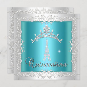 Quinceanera Teal Blue White Tiara Eiffel Tower Invitation