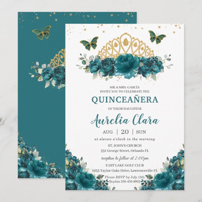 Quinceañera Teal Cyan Floral Butterflies Crown Invitation (Front/Back)