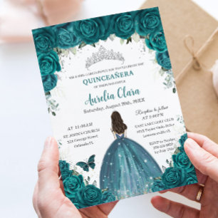 Quinceañera Teal Floral Butterflies Silver Tiara Invitation