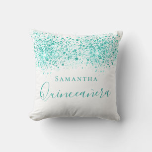 Quinceanera teal glitter drops monogram white cushion