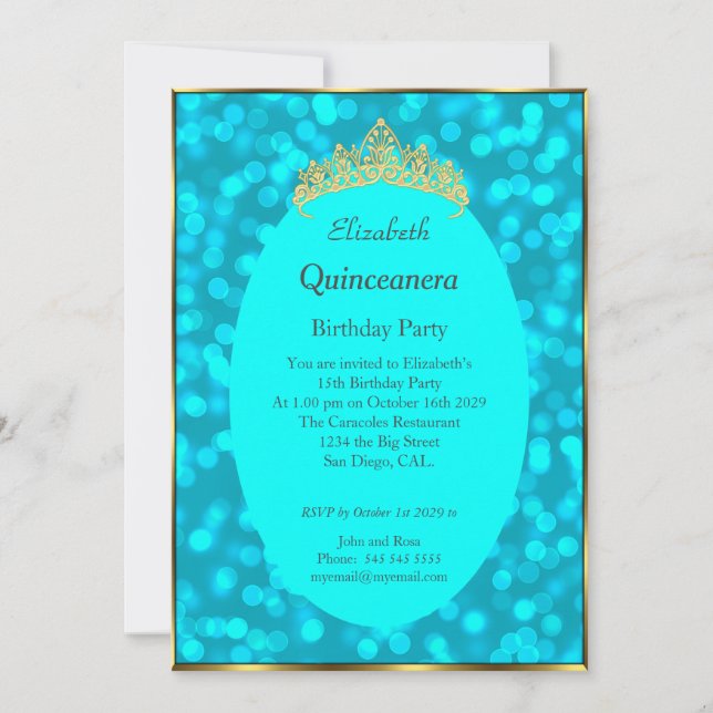 Quinceanera Teal Gold Birthday Party Invitation (Front)