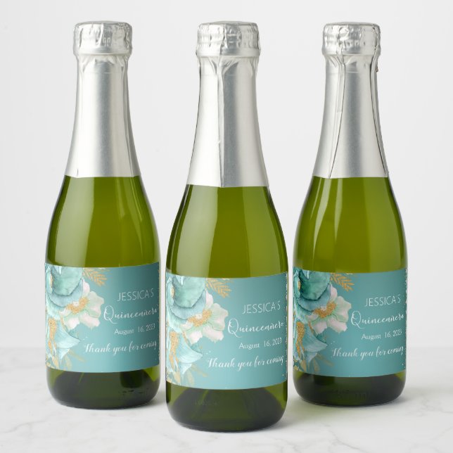 Quinceanera Teal Gold Floral Mini Sparkling Wine L Label (Bottles)
