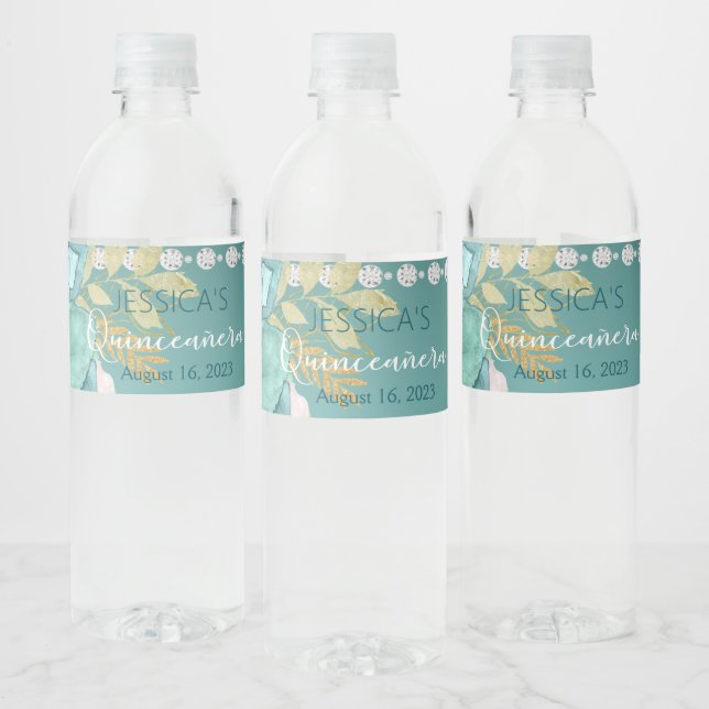 Quinceanera Teal Gold Glitter Water Bottle Label (Bottles)