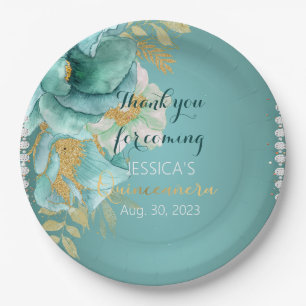 Quinceanera Teal Gold Personalised Paper Plate