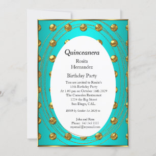 Quinceanera Teal Green Gold Balls Birthday Party Invitation