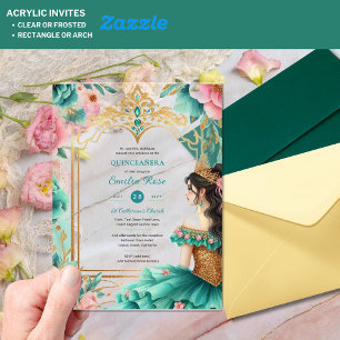 Quinceañera Teal Green Gold Mis Quince Flowers Acrylic Invitations