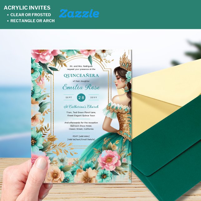 Quinceañera Teal Green Gold Mis Quince Flowers Acrylic Invitations (Creator Uploaded)