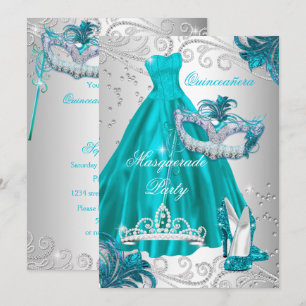 Quinceanera Teal Mask Silver Dress Masquerade Blue Invitation