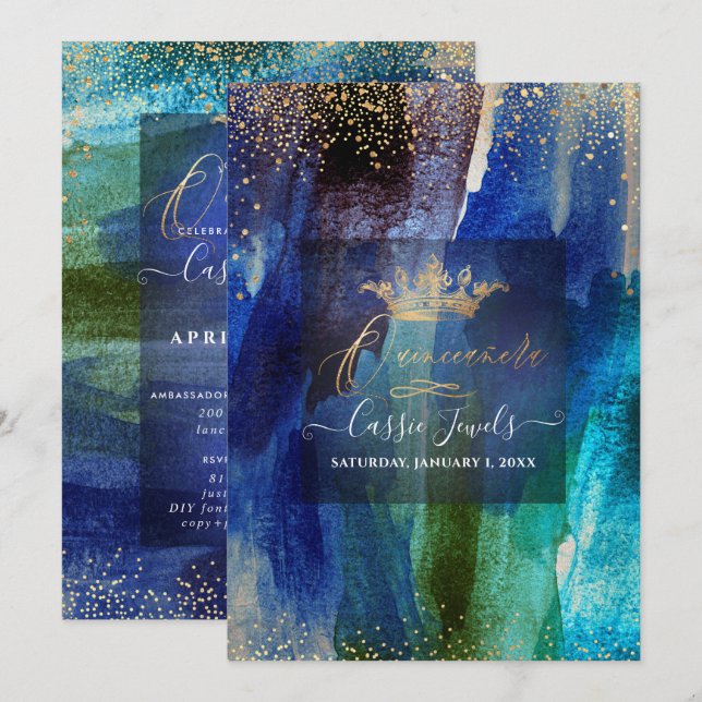 Quinceanera Teal Navy Blue Watercolor Brushstrokes Invitation (Front/Back)