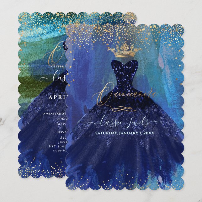Quinceanera Teal Navy Blue Watercolor Gown Invitation (Front/Back)