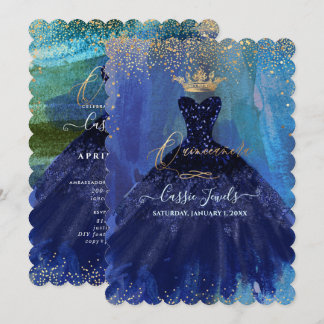 Quinceanera Teal Navy Blue Watercolor Gown Invitation