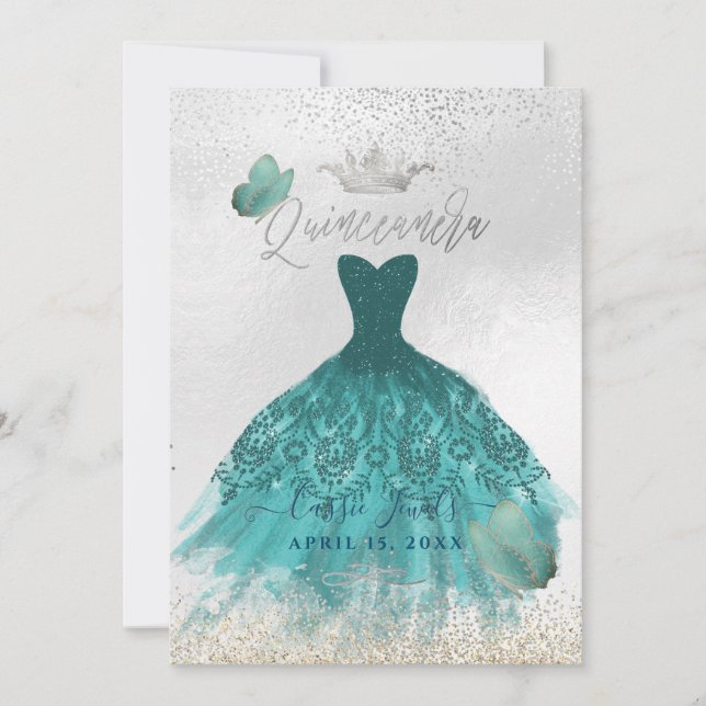 Quinceanera Teal Ombre Butterflies Princess Gown Invitation (Front)