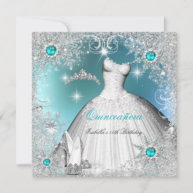 Quinceanera Teal Pearl Silver Winter Snowflakes Invitation (Front)