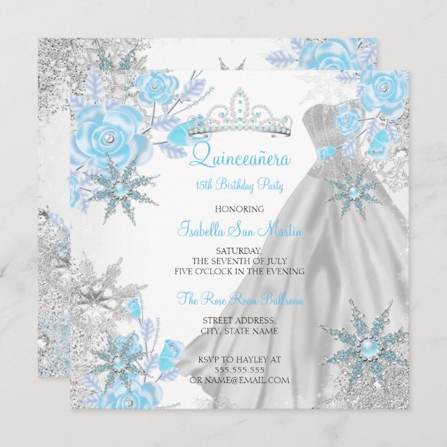 Quinceanera Teal Rose Winter Wonderland Snowflake Invitation (Front/Back)