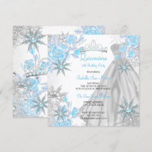 Quinceanera Teal Rose Winter Wonderland Snowflake Invitation