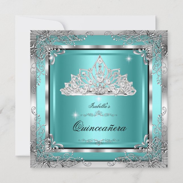 Quinceanera Teal Silver Diamond Tiara 15th Party Invitation (Front)