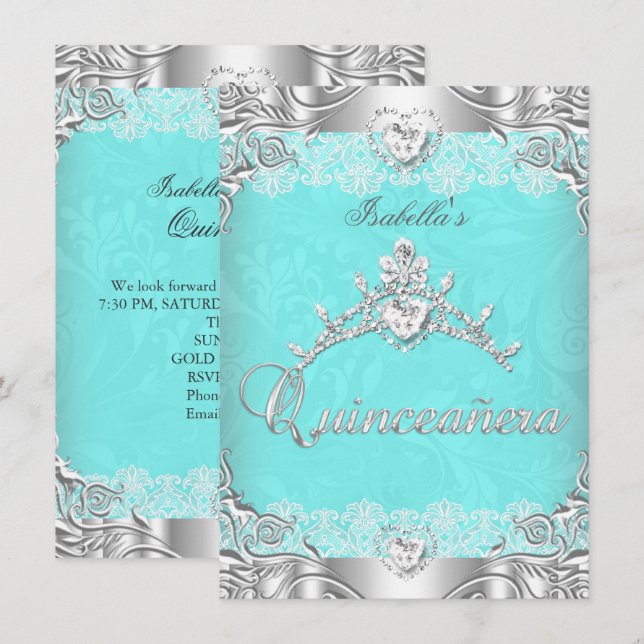Quinceanera Teal Silver Diamond Tiara 15th Party Invitation (Front/Back)