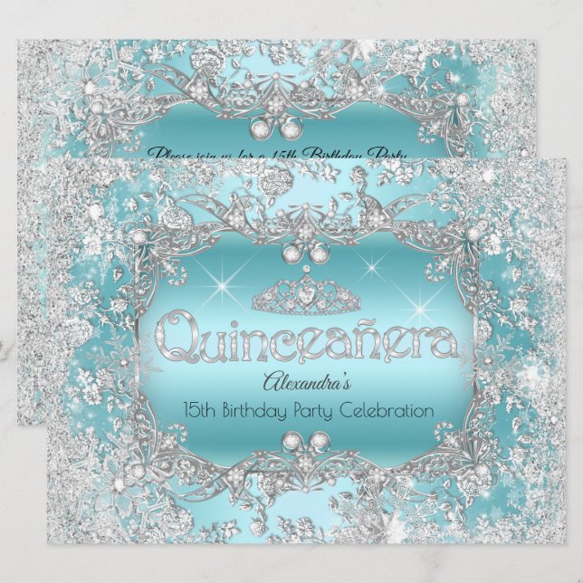 Quinceanera Teal Silver Tiara Winter Wonderland Invitation (Front/Back)