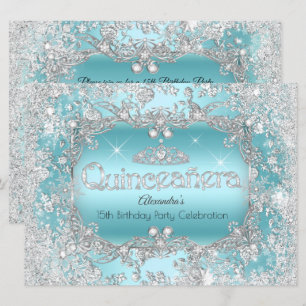 Quinceanera Teal Silver Tiara Winter Wonderland Invitation