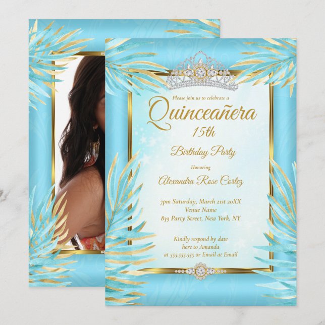 Quinceanera Teal Tiara Gold Photo Birthday Party Invitation (Front/Back)