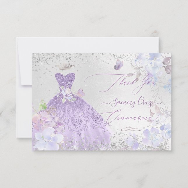 Quinceanera Thank You Dusty Purple Glitter Gown Invitation (Front)