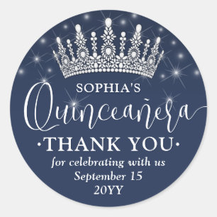 Quinceañera Thank You Elegant Crown Navy Blue Classic Round Sticker