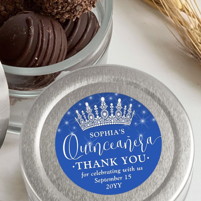 Quinceañera Thank You Elegant Crown Royal Blue Classic Round Sticker (Creator Uploaded)