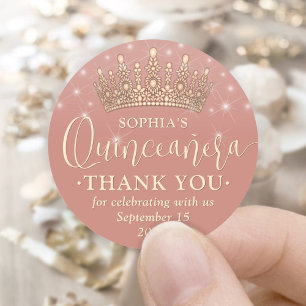 Quinceañera Thank You Elegant Rose Gold Crown Pink Classic Round Sticker