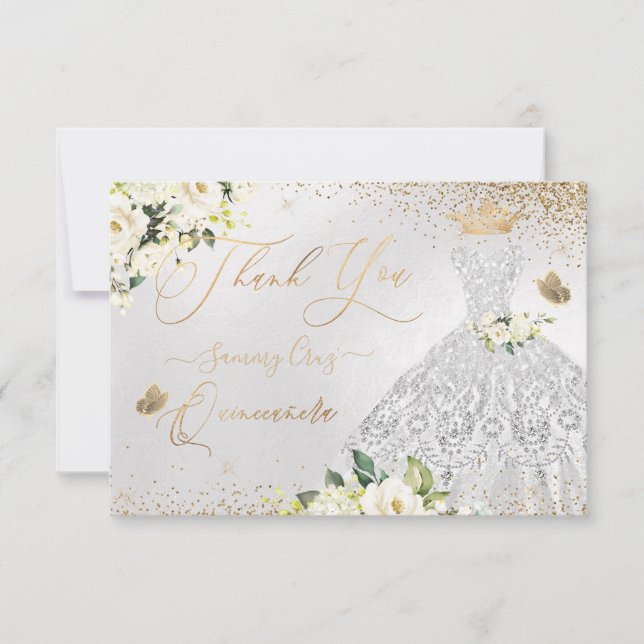 Quinceanera Thank You Faux Silver Glitter Gown  (Front)