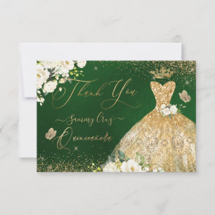 Quinceanera Thank You Green Gold Glitter Gown  Card