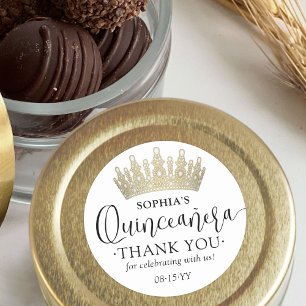 Quinceañera Thank You Modern Script Gold Crown Classic Round Sticker