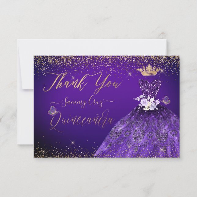 Quinceanera Thank You Purple Glitter Gown  Card (Front)