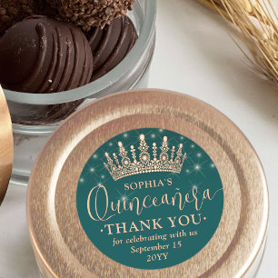 Quinceañera Thank You Rose Gold Crown and Green Classic Round Sticker