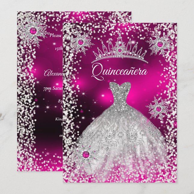 Quinceanera Tiara Dress Pink winter Snowflake Invitation (Front/Back)