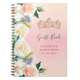 Quinceanera tiara florals white peach Guest Book