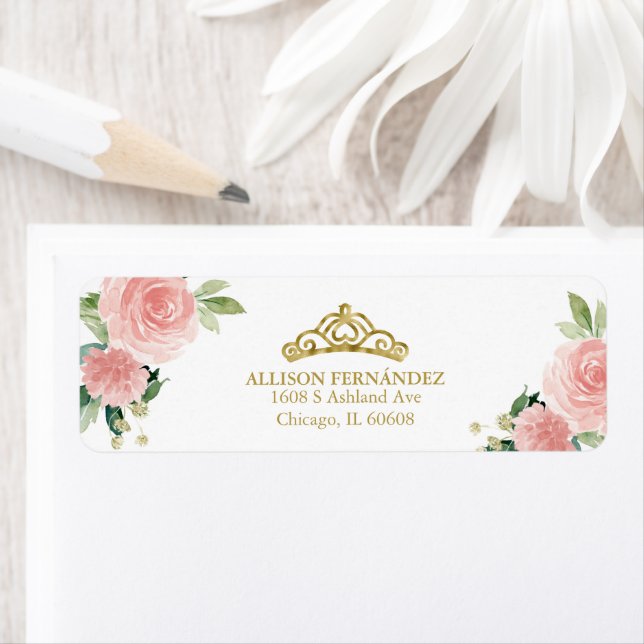 Quinceanera Tiara Gold Blush Pink Floral Label (Insitu)