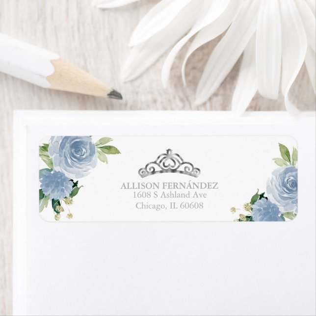 Quinceanera Tiara Silver Blue Floral Label (Insitu)