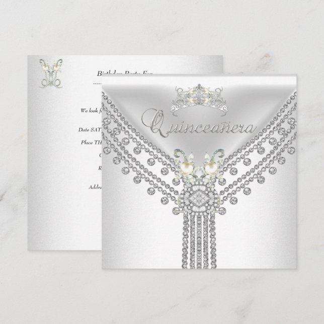 Quinceañera Tiara White Diamond Pearl Invitation (Front/Back)