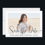 Quinceañera Trendy Script Chic Modern 2 Photo Save The Date<br><div class="desc">Share the joyful news of an upcoming Quinceañera celebration with chic 2 photo save the date invitations. The pictures and all wording on this template are simple to personalise. The colours, font styles and overlay opacity can be easily customised with the Zazzle Design Editor tool. The modern minimalist black and...</div>