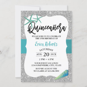 Quinceanera Turquoise Beach Starfish Modern Silver Invitation