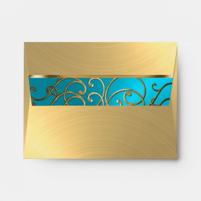 Quinceanera Turquoise Blue and Gold Filigree Swirl Envelope (Back (Top Flap))