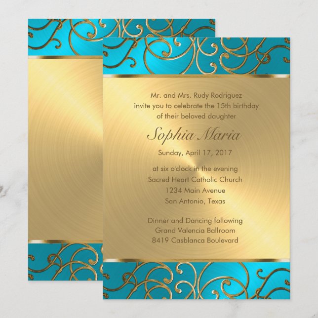 Quinceanera Turquoise Blue and Gold Filigree Swirl Invitation (Front/Back)