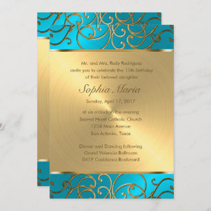Quinceanera Turquoise Blue and Gold Filigree Swirl Invitation