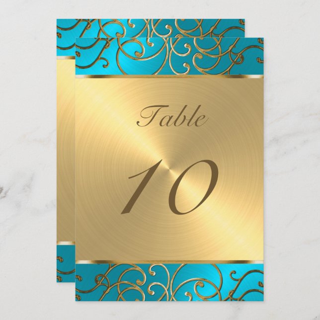 Quinceanera Turquoise Blue and Gold Filigree Swirl Invitation (Front/Back)