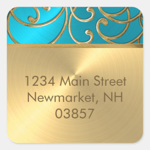 Quinceanera Turquoise Blue and Gold Filigree Swirl Square Sticker