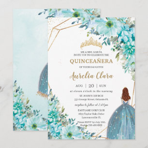 Quinceañera Turquoise Blue Floral Auburn Princess Invitation