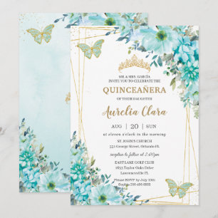 Quinceañera Turquoise Blue Floral Gold Butterflies Invitation